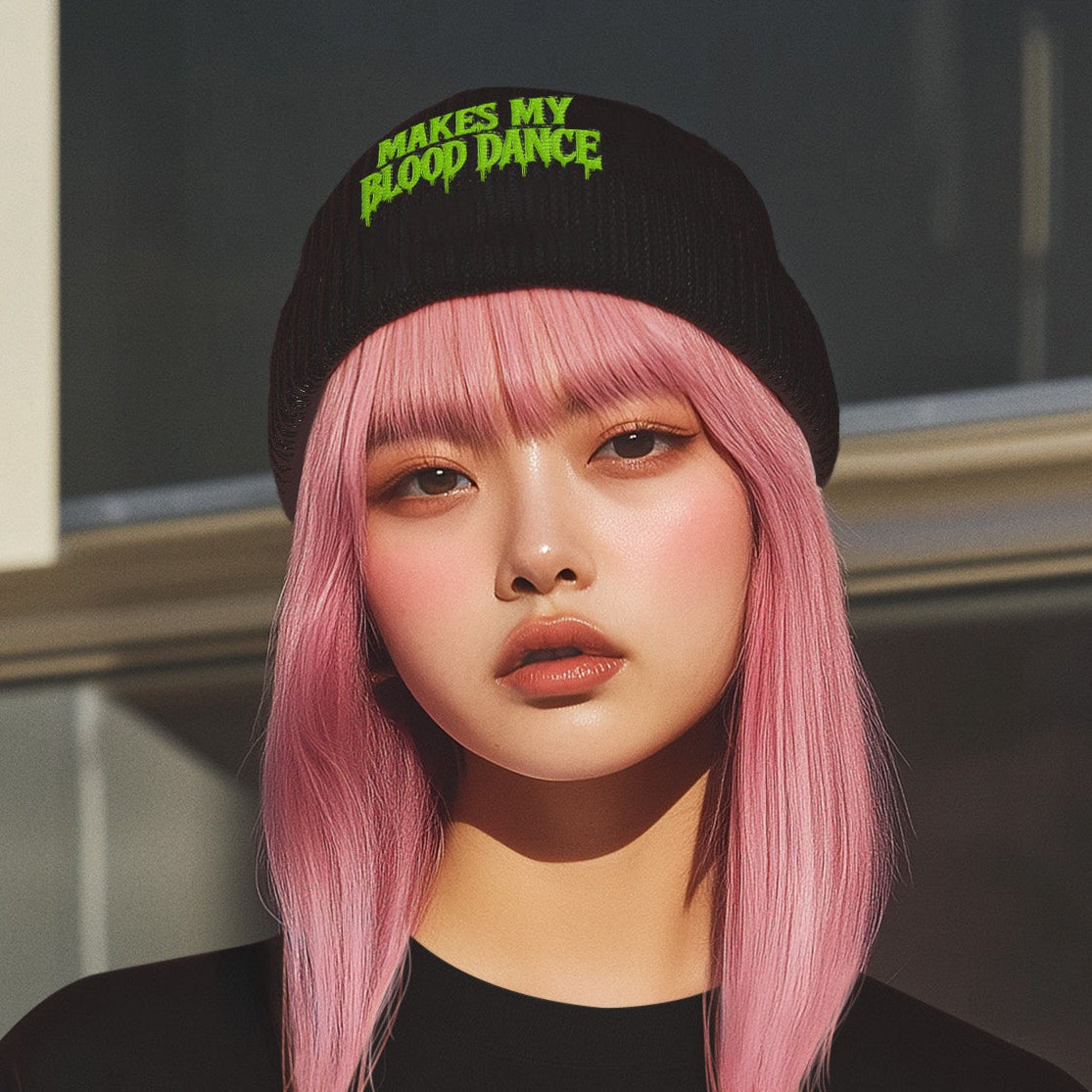 BEANIE: Makes My Blood Dance Black Winter Beanie w/ Green Logo