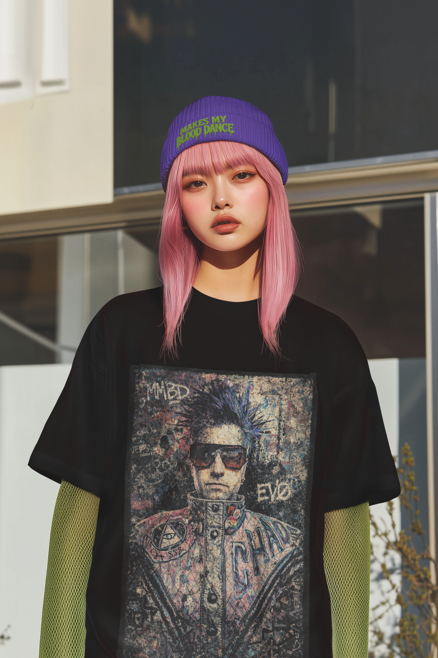 Makes My Blood Dance Purple Winter Beanie w/ Green Logo