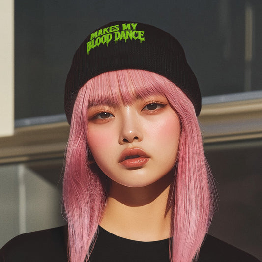 BEANIE: Makes My Blood Dance Black Winter Beanie w/ Green Logo