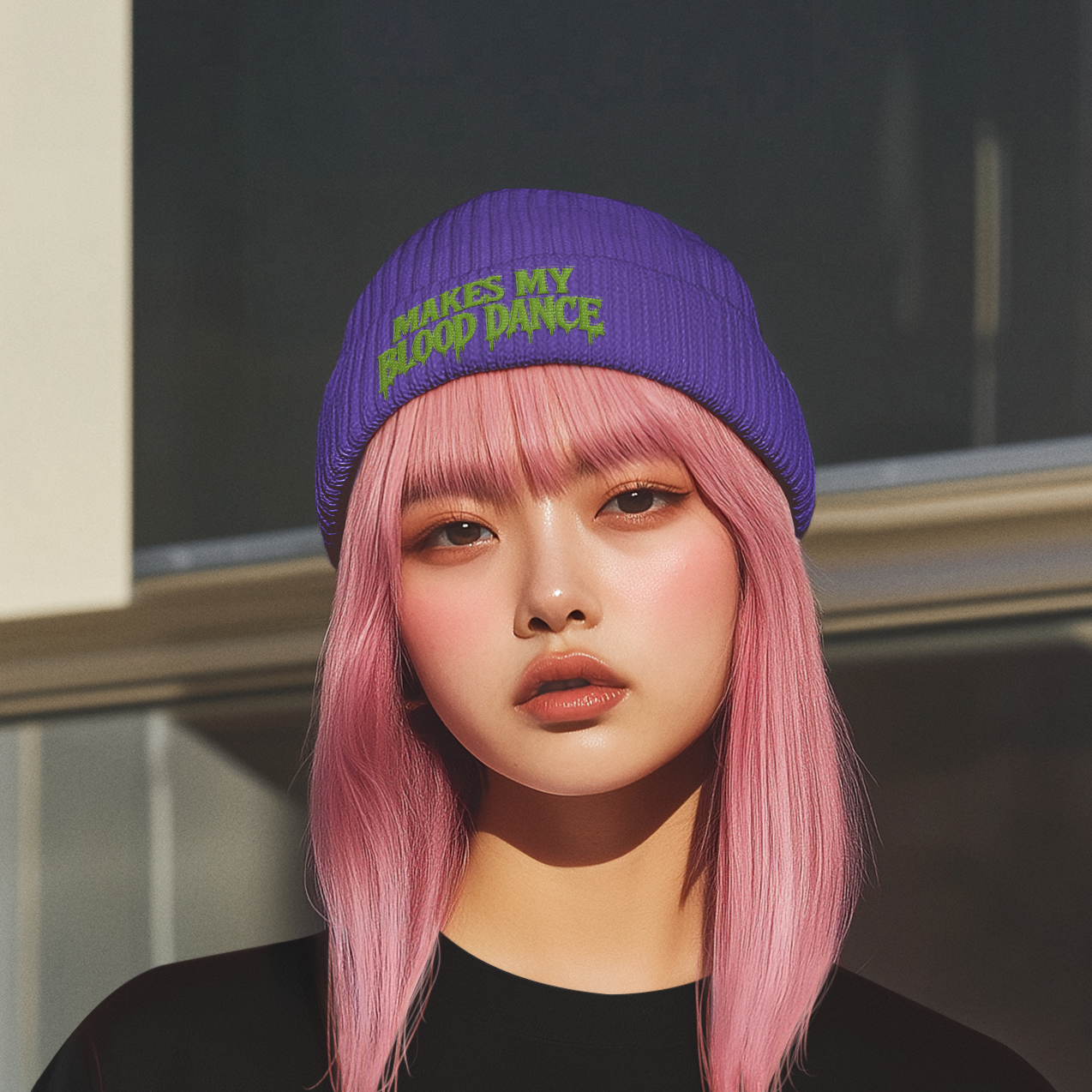 Makes My Blood Dance Purple Winter Beanie w/ Green Logo