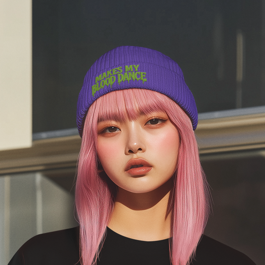 Makes My Blood Dance Purple Winter Beanie w/ Green Logo