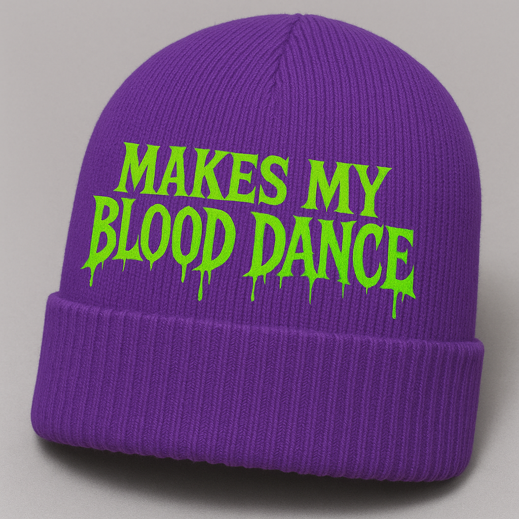 Makes My Blood Dance Purple Winter Beanie w/ Green Logo